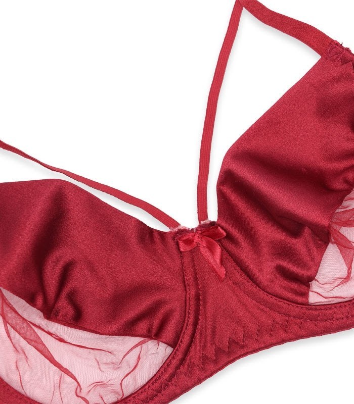 ست شورت و سوتین زنانه تور و پرلون فنردار هارنس دار TRT تیریتی کد 115 طرح ساده زرشکی - تصویر 4