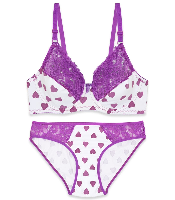 ست شورت و سوتین نخی فنردار ژوبین کد 3088 طرح قلبی رنگ سفید بنفش