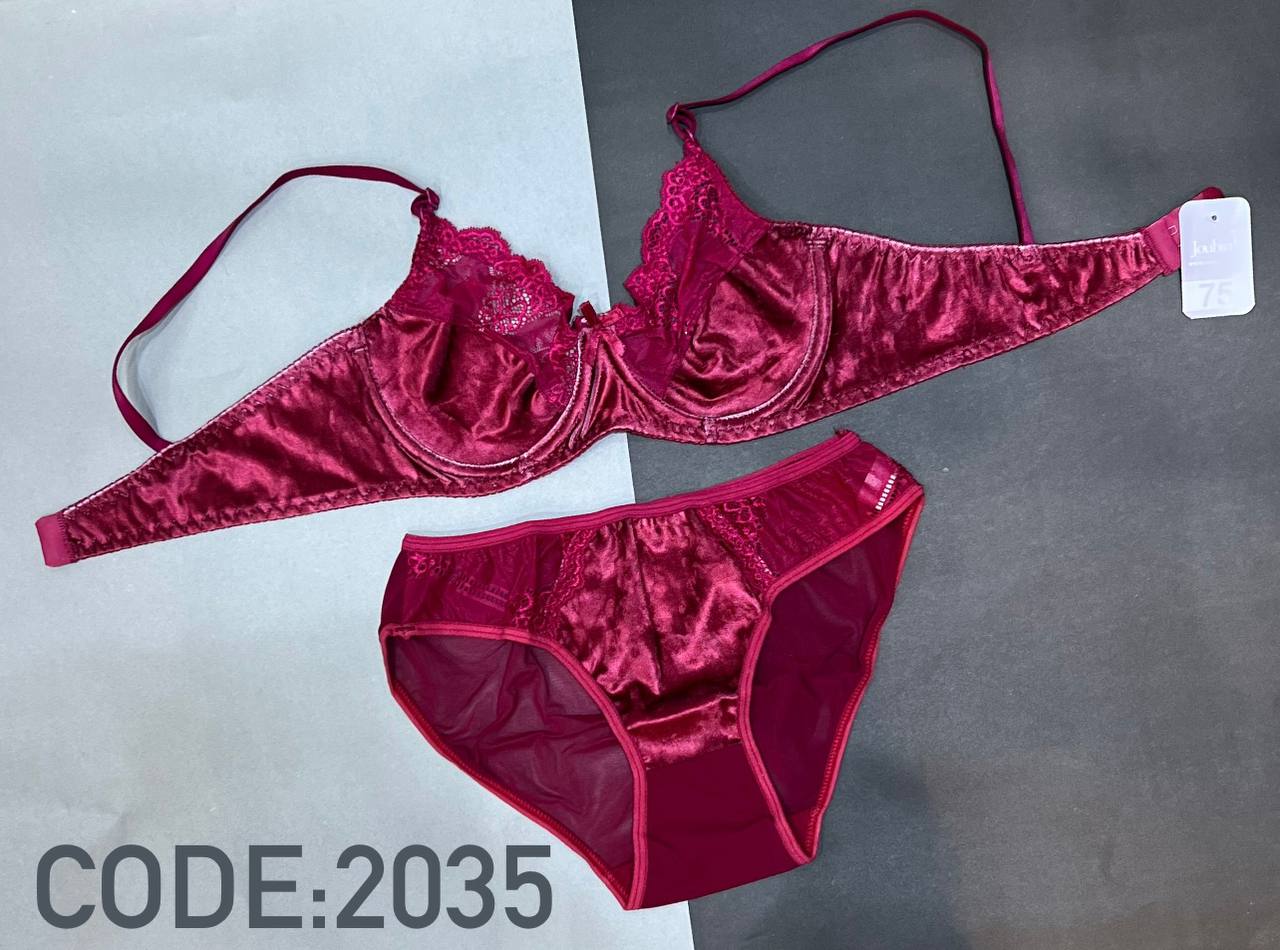ست شورت و سوتین مخمل تور فنردار ژوبین کد 2035 رنگ زرشکی
