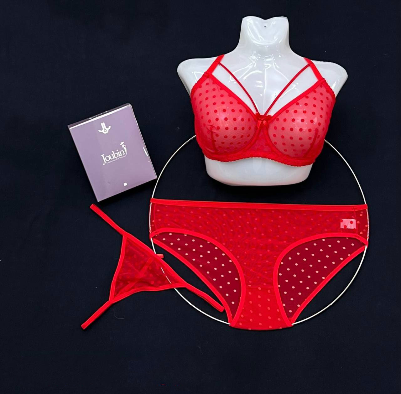 ست شورت و سوتین فنردار ژوبین کد 1368 طرح توپ توپی ریز رنگ قرمز